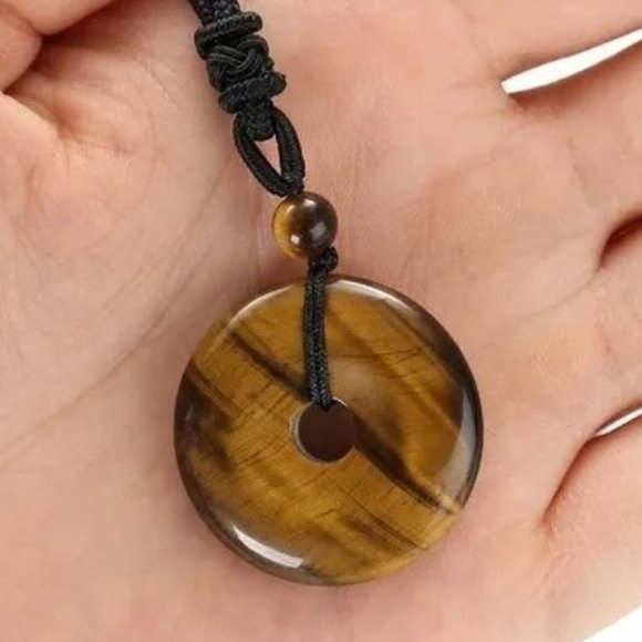 Natural Brown Tiger's Eye Stone Donut Pendant Necklace Gemstone - Boho, Bohemian - Picture 1 of 4